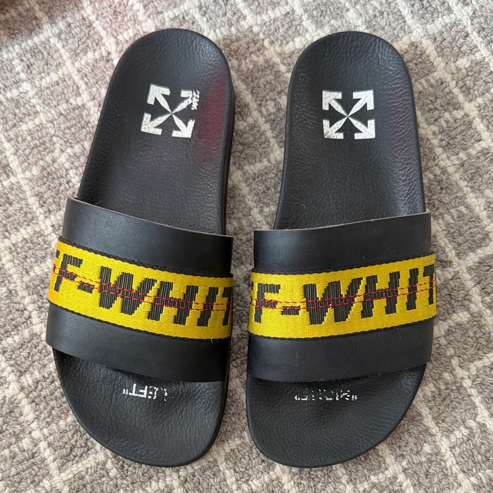 Off-White Black Slides with Yellow Strap